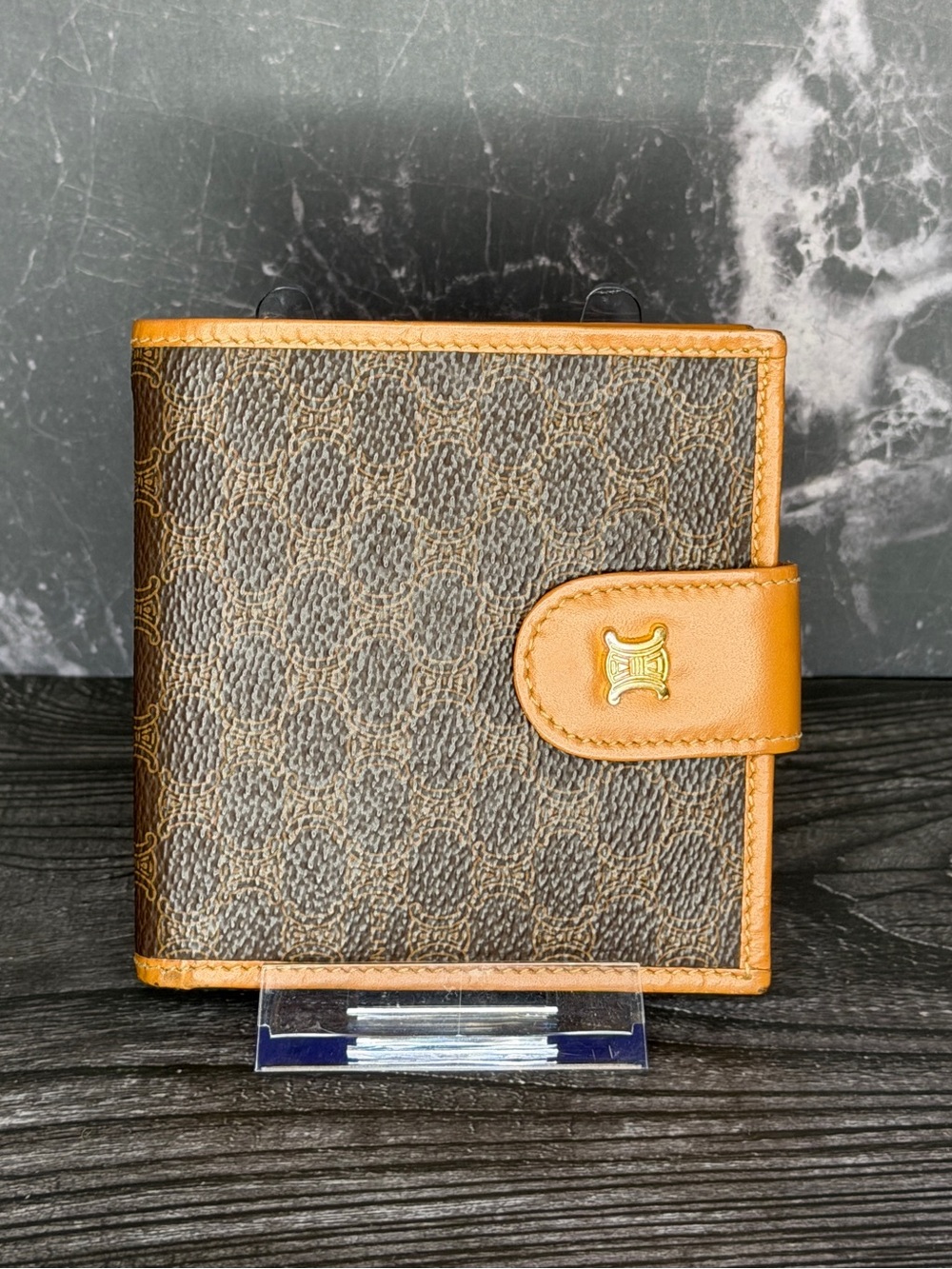 Celine Macadam Canvas Bifold Snap Wallet Brown Tan Vintage Logo